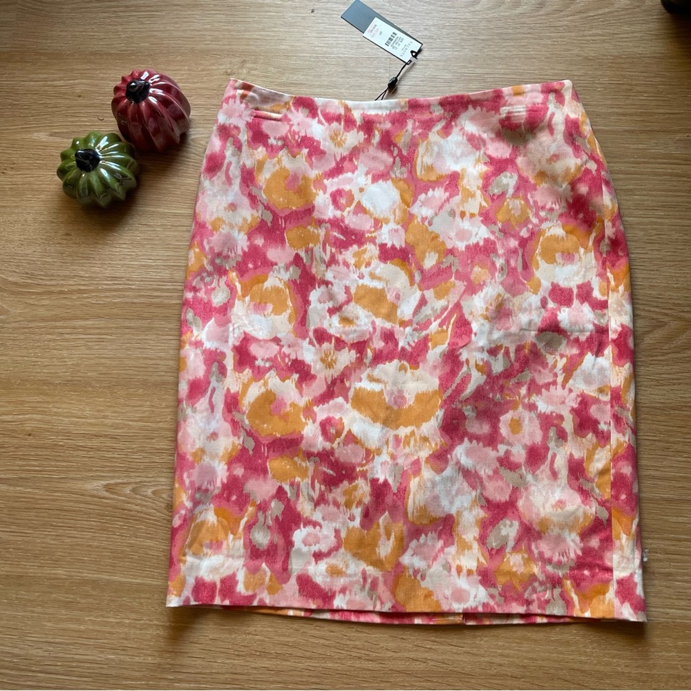 Talbots Womens Petites 6p Coral Pink Peach Watercolor Print Cotton Skirt Lined
